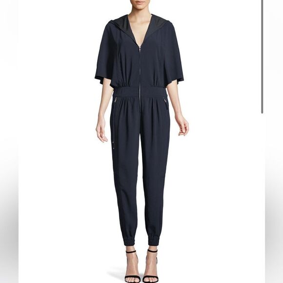 Halston Heritage Cap Sleeve Hooded Zip Jumpsuit Navy Blue NEW - Picture 1 of 15